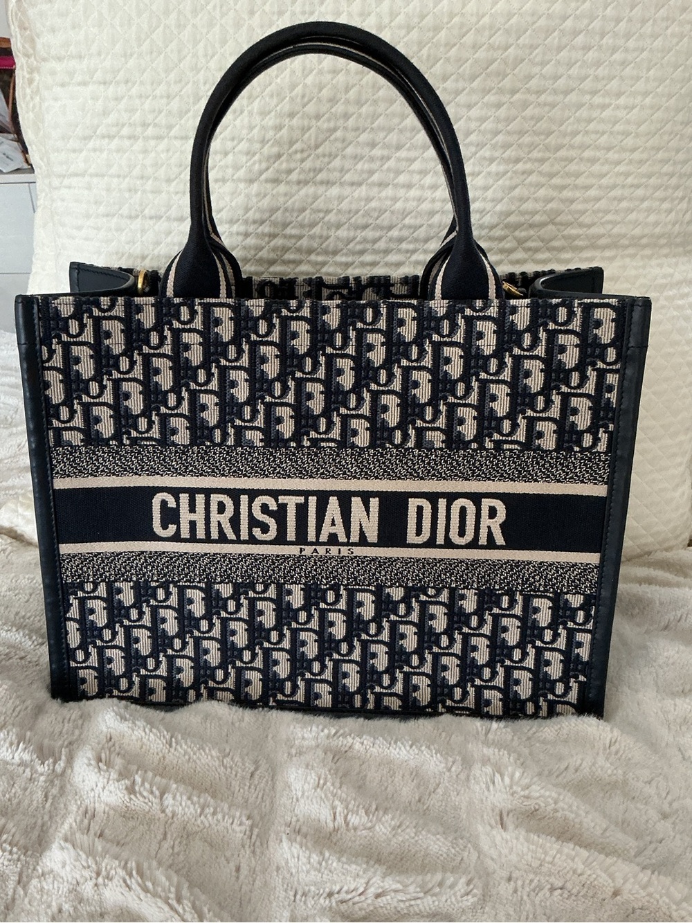2024 Dior Navy and Cream Oblique and Leather Medium Book Tote with Strap